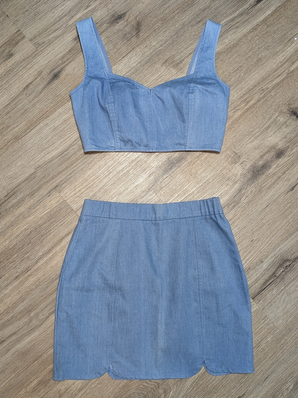 Lulu's Light Blue Denim Light Two-Piece Dress Skirt Top Set Women's MD